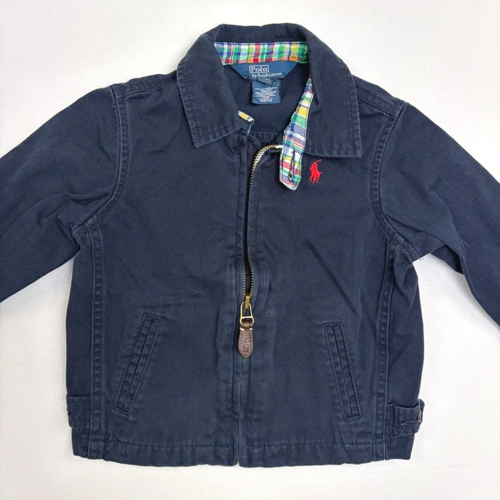 Polo Ralph Lauren Kids Navy Blue Cotton Twill Zip Up‎ Jacket Plaid Lined 24M
